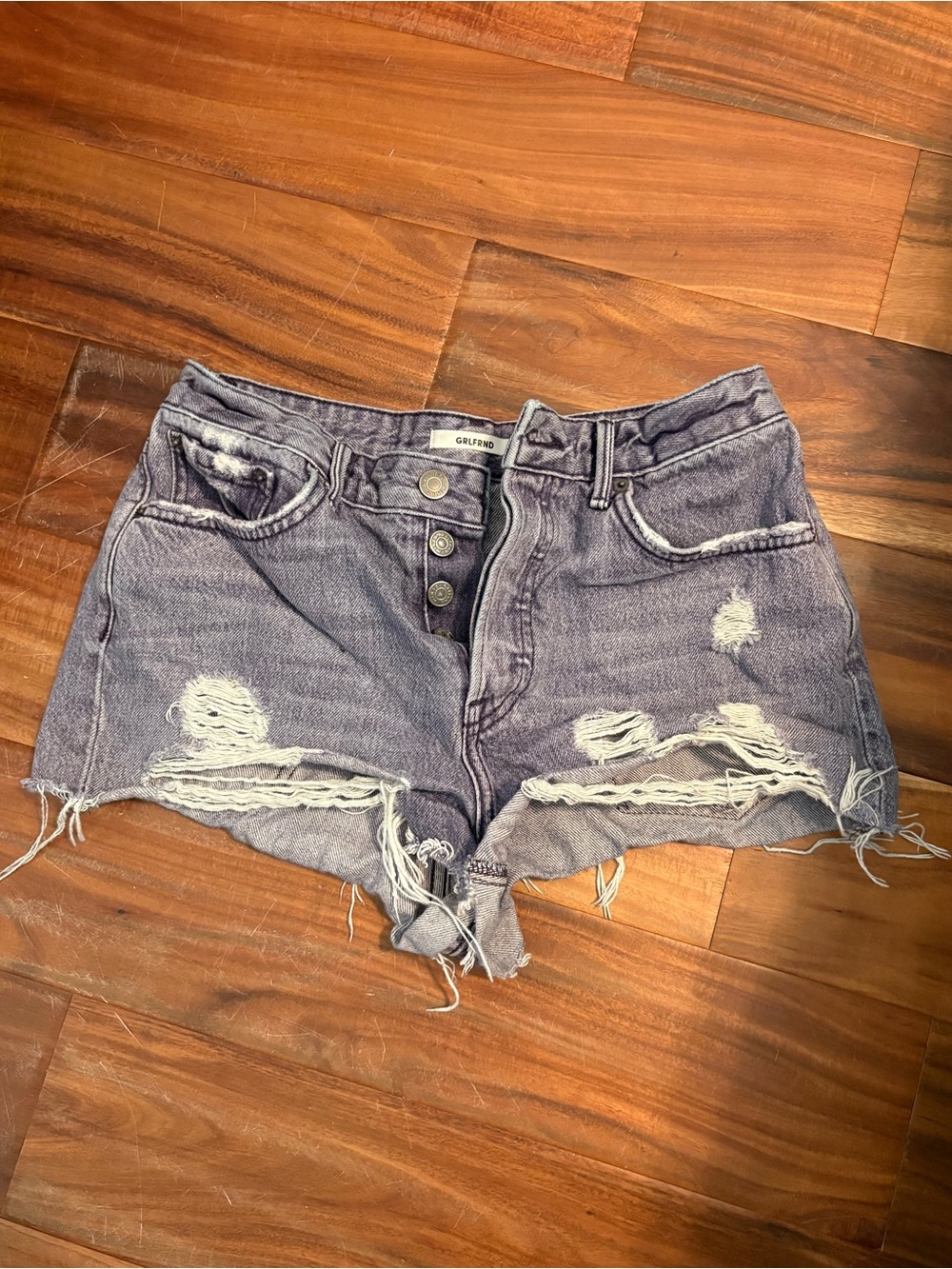 GRLFRND Cindy Distressed Denim Cutoff Shorts Button Fly Purple Wash Size 27 (572